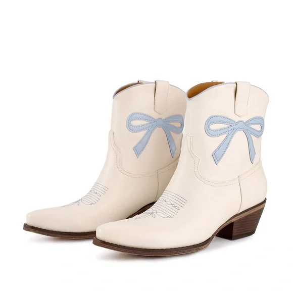 Marfa Cream and Blue Ankle Boots with Bow Detail - Picture 11 of 13